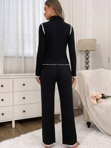 Women's Spring Autumn Winter Solid Color Ribbed Casual Double Pocket Fashion Sweet Lace Trim High Neck Long Sleeve Long Pants Comfortable Loungewear 2-Piece Set - Black - View 2