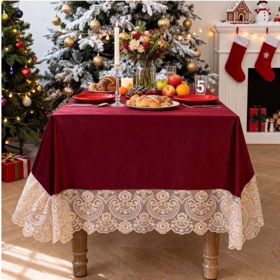 1pc European Vintage Style Large Lace Velvet Tablecloth For Holidays, Suitable For Weddings, Valentine's Day And Home Decor - Red - View 1