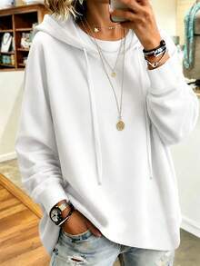 Basic Casual Women's Plus Size Drawstring Hooded Sweatshirt - White - View 1