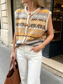 Third Introversion - Women's Vintage Fair Isle Knit Button Front Cardigan Vest, Regular Length Sleeveless Sweater Vest, Comfortable For Summer, Autumn And Winter - Orange - View 2