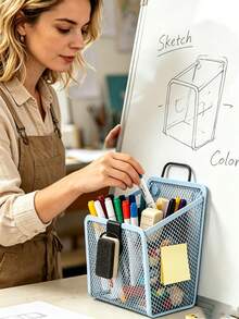 Macaron Color Magnetic Metal Mesh Pen Holder With Multi-Function Hook, Square Minimalist Storage Box, Magnetic Pen Organizer, Miscellaneous Storage Rack, Suitable For Whiteboard, Office, Pencil, Kitchen, Office Supplies, Home Decor, Back To School - Multicolor - View 2