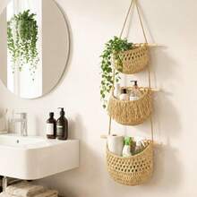 3-Tier Bohemian Style Wall-Mounted Hand-Woven Natural Rope Storage Basket, Rustic Hanging Fruit Vegetable Organizer, Space Saving Multi-Functional Macrame Decor For Kitchen Pantry Bathroom Entryway - Multicolor - View 2