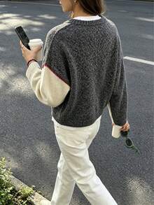 Women's Urban Casual Knit Cardigan, Elegant Grey Patchwork Loose Knit Sweater, Comfortable Versatile Design For Autumn/Winter, Handmade With Rope Buckle Decor, Round Neck Long Sleeve Knitted Cardigan - Dark Grey - View 6