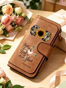 Fashionable Women's Wallet With Cross And God Flower Patterns, Featuring A Ribbon Heart CrossDesign,A Long Hand-Held Bag, An Exquisite Large Capacity Wallet, A Pocket Phone Bag That Can Store Documents, Photos, Cash, And Bank Cards,Wallet Accessories - Multicolor - View 3