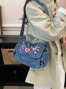 休閒時尚軟牛仔布多層斜挎包，多口袋設計，大容量百搭通勤女款單肩包，適合牛仔女孩 - 藍色 - 查看 5