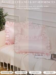 1pc Light Pink Satin Lace Ruffle Decor Pillow Case (Pillow Insert Not Included), Luxurious Silky Modern Style Pillow Case, Suitable For Home, Sofa, Living Room And Other Home Decor, Can Be Used As Bedding Or Sofa Cushion Cover [Pillow Insert Not Included], Suitable For Daily Use, High-End Minimalist Design, Suitable For Living Room, Bedroom, Small Car And Other Places. - Baby Pink - View 4