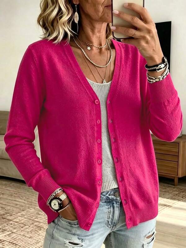 Women's Solid Color Minimalist Style Daily Long Sleeve Knit Cardigan, Autumn