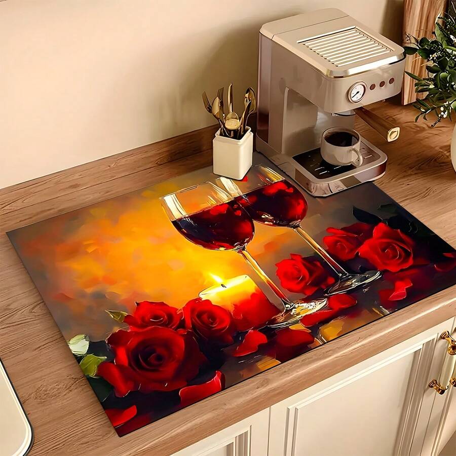 (Hot !!) 1pc 2D Rose Wine Pattern Flat Stove Protector Mat And Non-Slip Heat-Resistant Rubber Stove Cover Pad Suitable For Induction Cooktop, Glass Stove And Multi-Function Scratch-Resistant Mat, Also Best Choice For Oven, Washing Machine, Dryer And Kitchen Decoration. - Multicolor - View 1