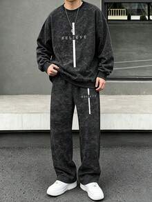 2pcs/Set Boys Crew Neck Sweatshirt & Wide Leg Pants Outfit, Minimalist Print Design, Casual Comfortable Daily Wear Set, Autumn/Winter New Arrival - Black - View 2