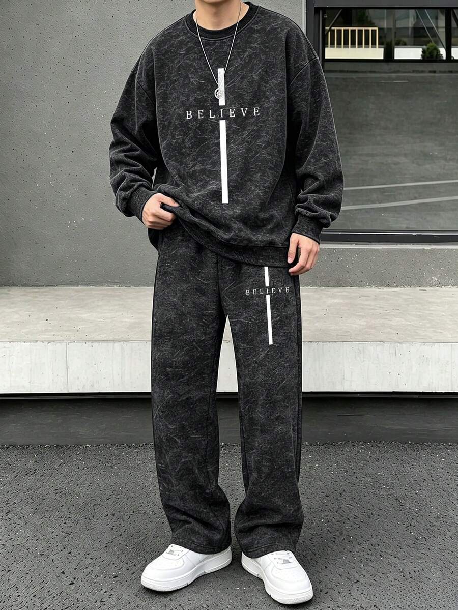2pcs/Set Boys Crew Neck Sweatshirt & Wide Leg Pants Outfit, Minimalist ...