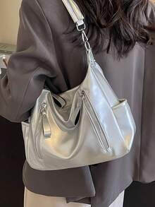 2026新款女款單肩包，小眾設計，大容量，通勤休閒百搭極簡時尚斜挎包，PU紋理牛仔效果，純色設計，舒適面料，拉鍊開合手提包，可拆卸長肩帶，舒適手提，多個拉鍊口袋，側邊內袋，大空間容量，附吊飾秋季托特包 - 銀色 - 查看 9