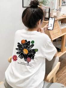 Women's Loose Fit Round Neck Short Sleeve Letter & Floral Print T-Shirt, Spring/Summer Casual White - White - View 1