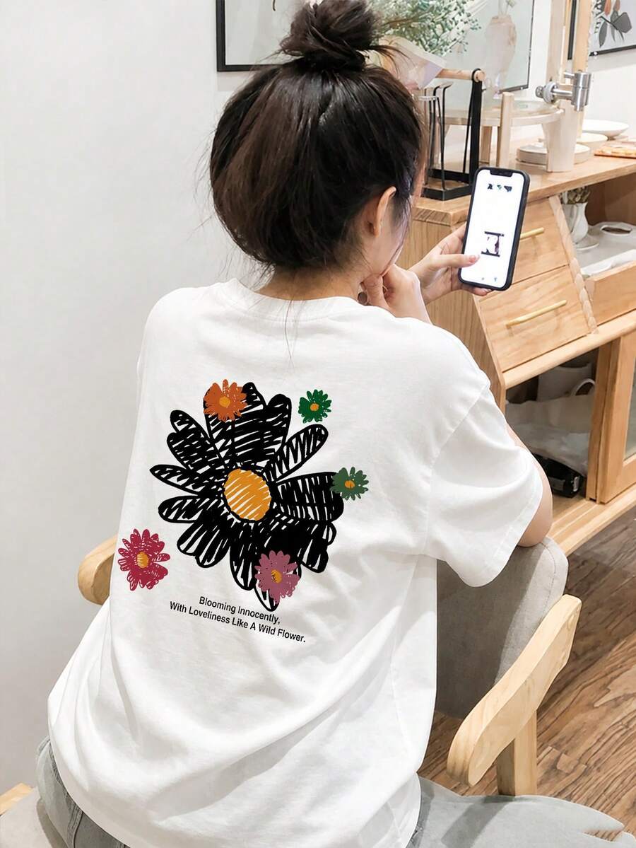 Women's Loose Fit Round Neck Short Sleeve Letter & Floral Print T-Shirt, Spring/Summer Casual White - White - View 1
