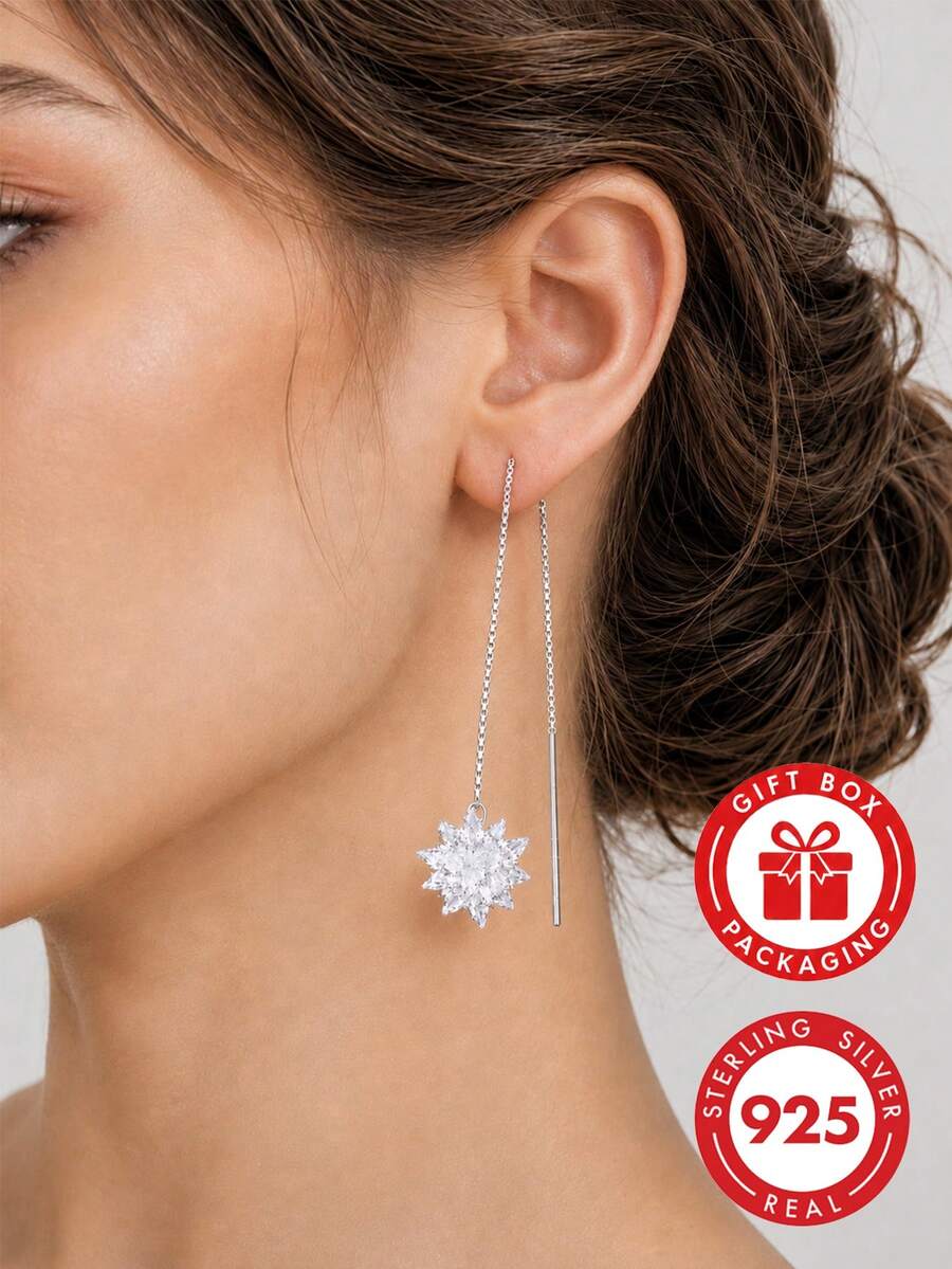 GLIMMER GI 1對S925純銀低過敏耳線，人造冰花鋯石閃亮冰花吊墜流蘇耳線，小眾百搭高端新風，日常穿搭/度假/約會/生日禮物[附贈禮盒]