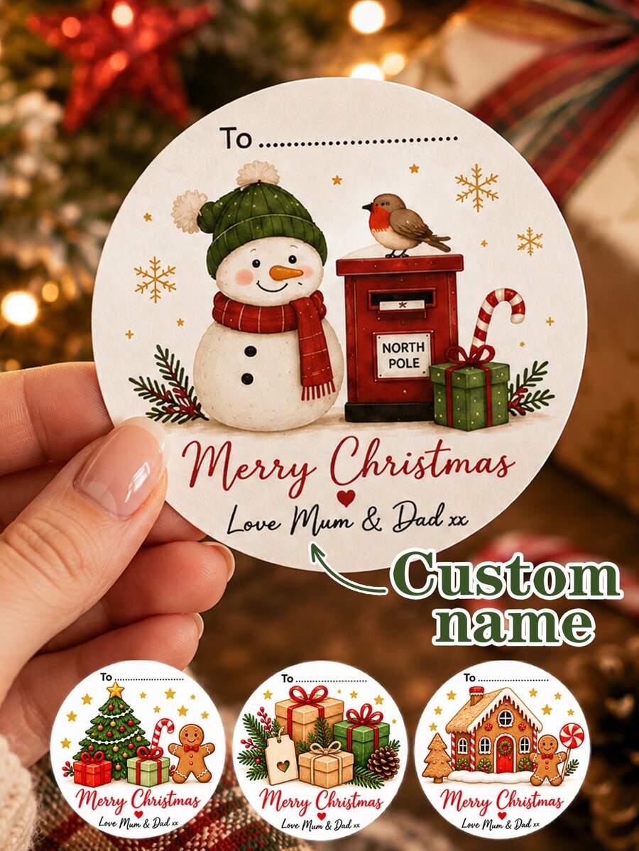 LICVIC Custom Christmas Stickers, Personalized Round Gift Tag Labels, Festive Snowman Gingerbread Holiday Style, Customized Name Stickers For Present Wrapping, Customizable Christmas Labels, Party Gift Decor, Holiday Gift Seals,Merry Christmas,Round Sticker - Style D - View 1