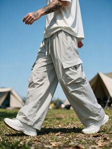 Men's Elastic Drawstring Multi-Pocket Cargo Casual Pants - Light Grey - View 5