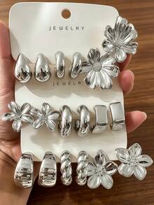 6/18PCS Fashionable Elegant Floral Geometric Multi-Element Silver Earrings Set, Women's Fashion Earrings Set, Daily Wear, (Lightweight CCB Material, Non-Fading) Suitable For Various Party Occasions. - Silver - View 8
