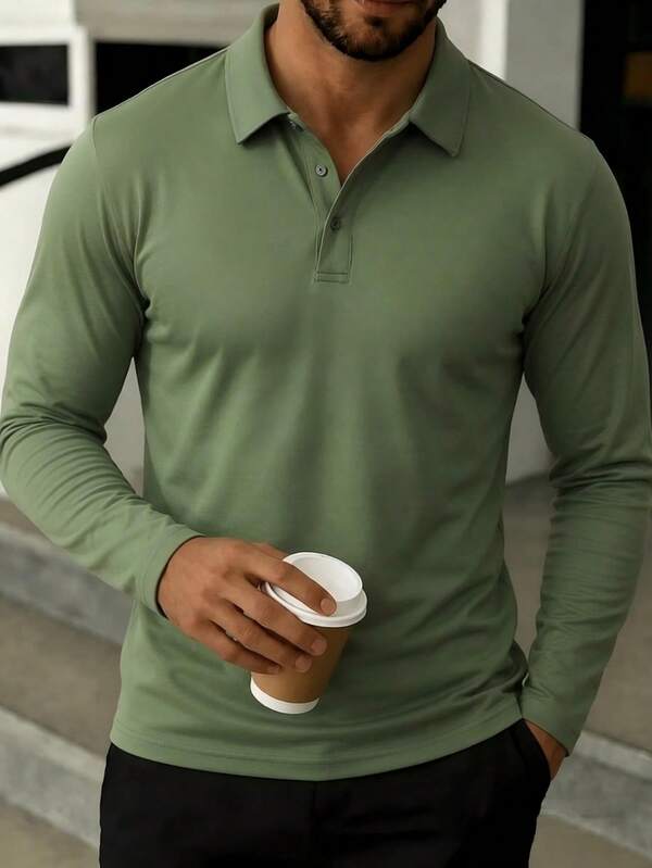 Men's Solid Color Long Sleeve Polo Shirt, Casual Fashion, Suitable For Daily Wear, Lightweight And Breathable, Sporty Style, Spring/Summer Sports