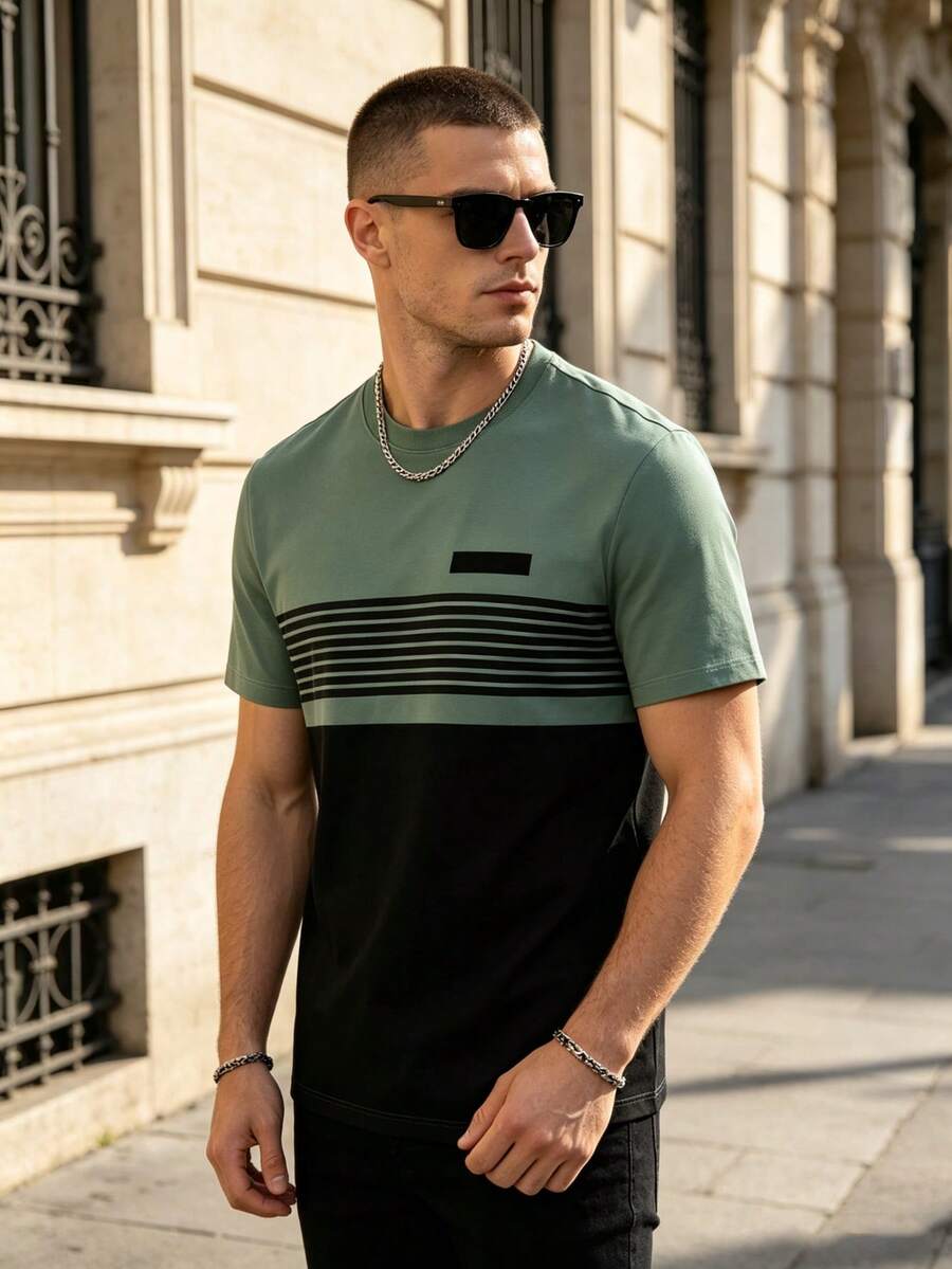 Men's 3D Printed Minimalist Dual-Color Line Pattern T-Shirt, Casual Short Sleeve Summer Outdoor Pullover, 100% Polyester, Stretchy & Breathable Fabric - Multicolor - View 1