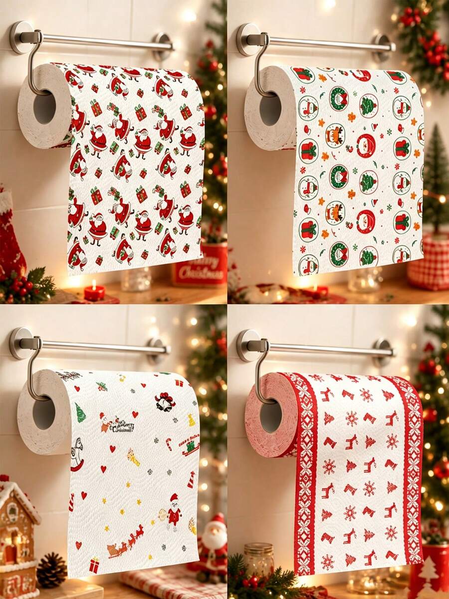 1 Roll Christmas Toilet Paper, Christmas Print Paper Towels, Santa Claus, Reindeer, Snowflake Patterns, Multi-Layer Folded Continuous Roll, Merry Christmas Home Decor, Christmas Decoration, Home Decor, Bathroom Decor, Kitchen Decor