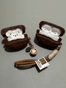 1 Cute 3D Coffee Bean Silicone Earphone Protective Case, For AirPods4/Pro/Pro 2/Pro 3, Shockproof Earphone Protective Case, With Keychain And Latte Charm - Coffee Brown - View 8