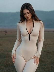 Mystra Women's Casual Contrast Ribbed Zip-Up Jumpsuit Spring Elegant - Apricot - View 1