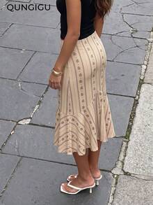 Women Casual Striped Midi Skirt Mermaid Hem For Fall Winter Travel Going Out Dating - Beige - View 5