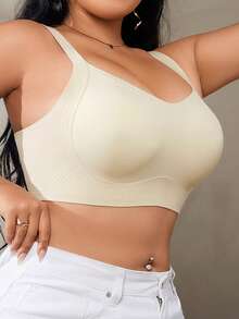 1pc Women's Plus Size Push-Up Seamless Bra, Wire-Free Strong Support Backless Design, Knitted High Elasticity Bonded Fabric, Molded Cup Comfortable Side-Boob Coverage, Suitable For Daily Wear, Home And Office - Apricot - View 3