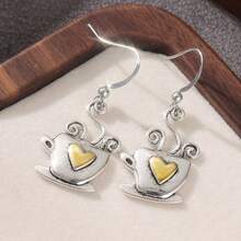 Cute Coffee Cup Pendant Earrings, Vintage Elegant Long Design, Charming Heart Earrings - Silver - View 3