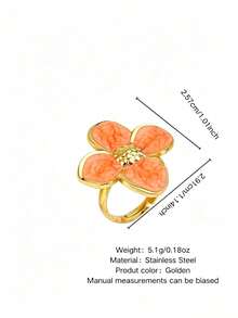 1pc Minimalist Style Enamel Floral Stainless Steel Ring For Women, Suitable For Outings And Gatherings - Yellow Gold - View 2