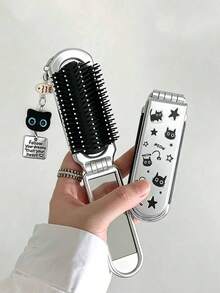 1pc Cute Black Cat Foldable Comb & Mirror Set, Back To School Air Cushion Brush, DIY Portable Comb Mirror, Y2K Style Star Decor Small Comb - A - View 1