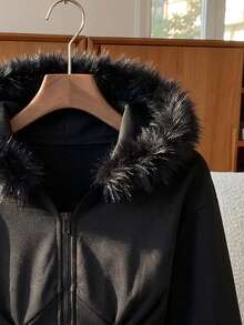 Lurzo Girls' Autumn/Winter Plush Warm Comfortable Zip-Up Hooded Jacket, Ribbed Waist Curved Hem Hooded Top, Outdoor/Back To School/Holiday - Black - View 10