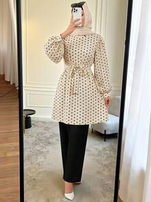 Women's Solid Color Round Neck Long Sleeve Top And Pants Set, Arabic Style, Women's Elegant And Graceful Long Robe Set Fall - Multicolor - View 2