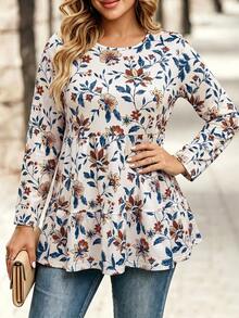 Plus Size Women's Floral Print Long Sleeve Layered Blouse, Round Neck Casual Loose Hem Top, Soft Comfortable Daily Wear Shirt - Multicolor - View 1