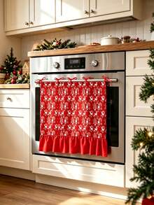 Christmas Oven & Dishwasher Door Curtain, Red Background With White Reindeer & Christmas Tree Print, Ruffled Edge With Red Bow, Holiday Kitchen Stove Decoration, Winter Home Party Kitchen Entryway Cabinet Decor Accessory - Red - View 3