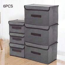Set de 6 cajas de almacenamiento grises tres grandes y tres pequeñas organizadores para guardar ropa y accesorios caja plegable para armario guardarropa multiuso resistente APOX - Gris - Ver 1