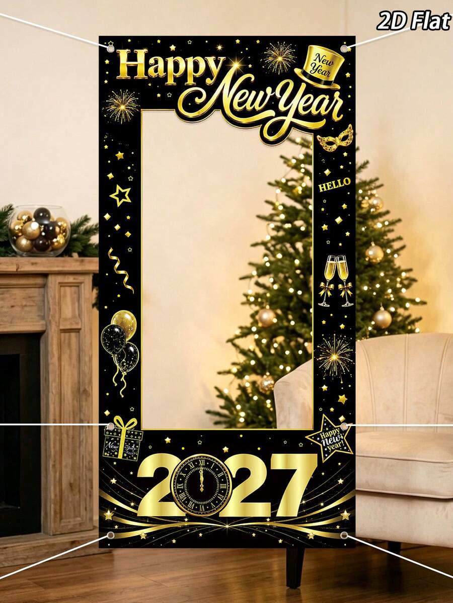 1件 2027新年主題黑金拍照背景布，新年快樂派對背景裝飾，新年倒數背景，新年橫幅，新年拍照背景，新年拍照道具，新年派對用品，新年派對裝飾，新年快樂，新年裝飾，新年裝飾，新年禮物，居家新年裝飾，新年，拍照道具，2027新年，新年禮物，冬季
