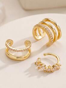 3pcs Women's Clip-On Earrings - Star And Circle Exquisite Copper Zirconia Studs, Suitable For Party And Daily Wear, All Year Round, Easy Clip-On Earrings - Yellow Gold - View 2