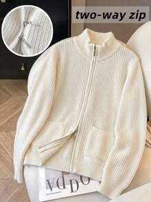 Girls' Casual Solid Color High Neck Pocket Knitted Cardigan Sweater Jacket, Long Sleeve, Suitable For Vacation, Leisure, Spring, Autumn, Winter - Apricot - View 2