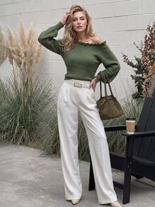 Women Autumn Off Shoulder Ruffle Knit Sweater Long Sleeve Ribbed Slim Knit Top Fall Outfits For Women Clothes - Green - View 8