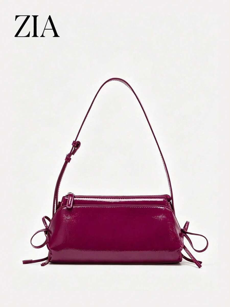 European And American Fashion Solid Color Bow Patent Leather Shoulder Bag - Hot Pink - View 1