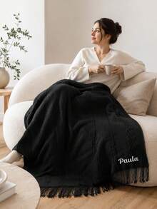 1PC Wavy Line Jacquard Knit Throw Blanket With Custom Embroidery, Customizable Text Detail Featuring Tassel Fringe Edge Trim, 3 Color Choices For Indoor Home Space, Home Accent Piece For Sofa Bed Living Area, Nice Holiday Gift Option For Family - Multicolor - View 7