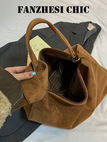 Tote Bag, Minimalist Aesthetic Crossbody Hobo Bag With Side Bow Accessory, Contrast Color Metal Rivet Buckle, Detachable Shoulder Strap, Soft Slouchy Lazy Silhouette, Zipper Closure, Women's Student Campus Commute Handbag Shoulder Large Bag - Brown - View 4