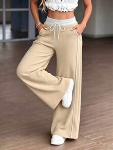 Women's High Waist Drawstring Striped Wide Leg Pants, Solid Khaki Loose Casual Long Pants, Comfortable And Soft, Suitable For Fitness And Daily Street Wear - Khaki - View 4