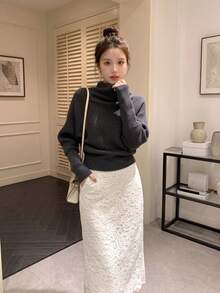 Y6Y Fashion Versatile Exquisite High Neck Dark Gray Women's Knit Sweater Top, Autumn/Winter Slouchy Loose Pullover - Dark Grey - View 3
