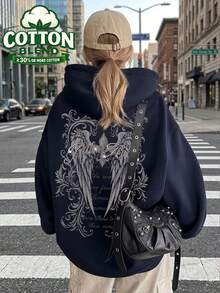女款秋冬新款極簡天使之翼印花棉混紡衛衣，休閒時尚百搭保暖內裡衛衣 - 藏蓝色 - 查看 2