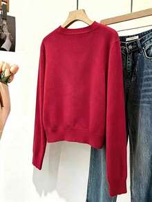 Women's Autumn/Winter Elegant Casual Knit Cardigan, Solid Color Minimalist Round Neck Same-Color Button Knit Cardigan, Suitable For Daily Commute And Outings - Red - View 9