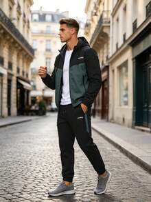 1 Set Men's Spring/Autumn Fashion Colorblock Sports Outfit, Hooded Zip-Up Jacket + Cuffed Joggers, Suitable For Daily Fitness, Running, Commuting Casual Wear - Black - View 2