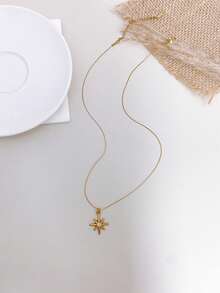 Stainless Steel Waterproof Non-Fading Women's Eight-Pointed Star Gemstone Rectangular Block Necklace Suitable For Daily Wear - Eight-pointed Star With Rhinestones - View 4
