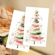 25/50 Pcs Watercolor Christmas Tree Mini Greeting Cards, Pocket Cards, Fresh Pink-Green Gradient Watercolor Christmas Tree Design, Blank Back For Hand-Written Christmas Greetings, Thank You Messages, Used As Message Cards In Gift Boxes - A - View 6